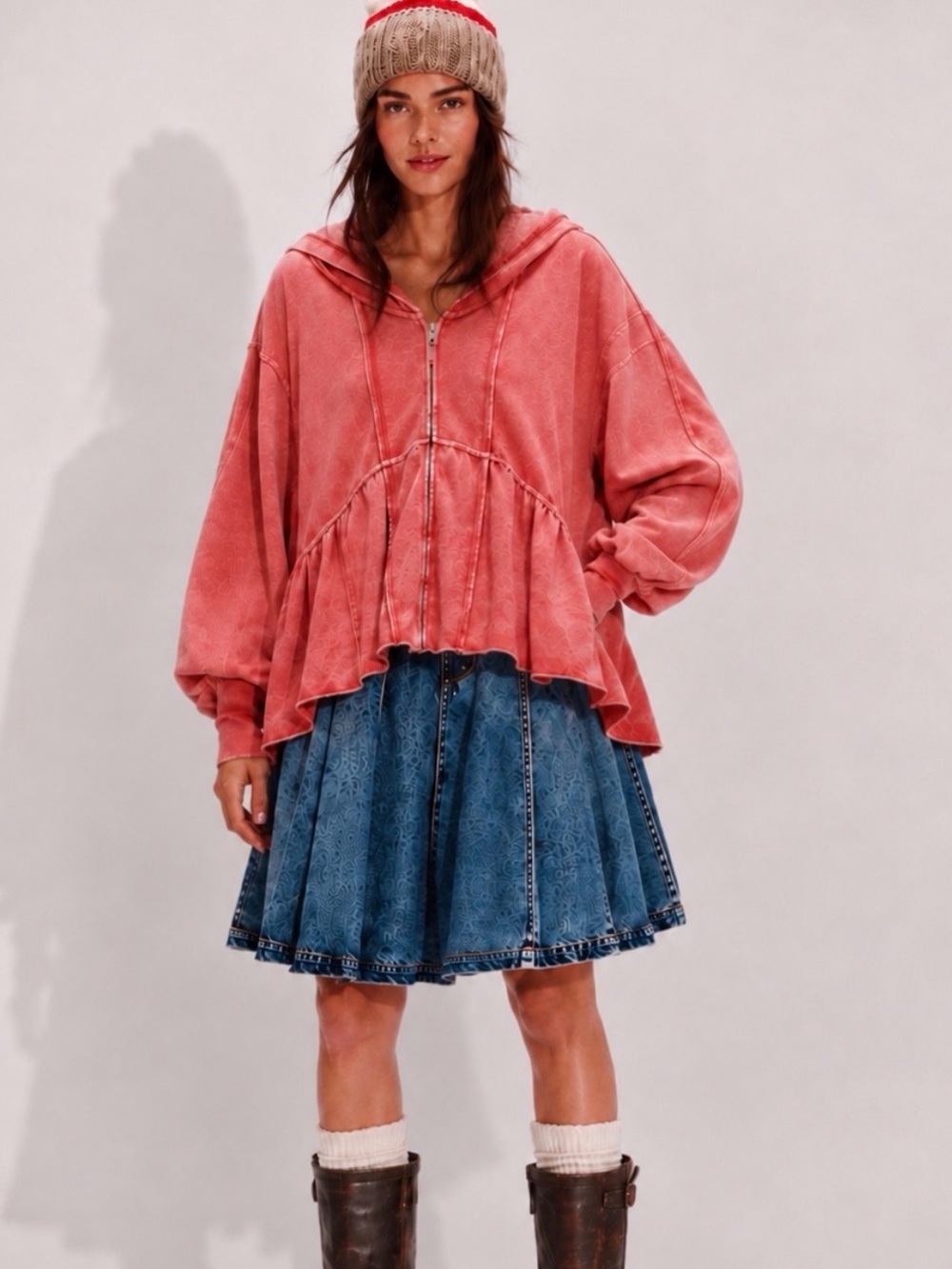 FREE PEOPLE Piece Of Cake Oversized Pink Ruffle Hooded Sweatshirt Size M - Picture 8 of 12